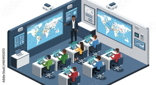 Isometric View Of Business Team Analyzing Global Data In Control Room