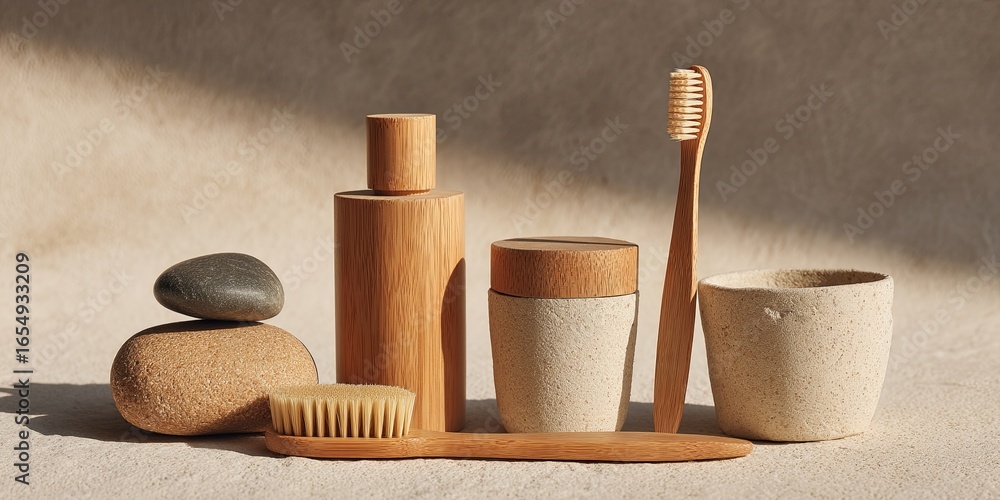 Naklejka premium Natural Bath and Beauty Products Arrangement with Wooden Brushes and Containers on a Soft Neutral Background for Eco-Friendly Lifestyle Promotion