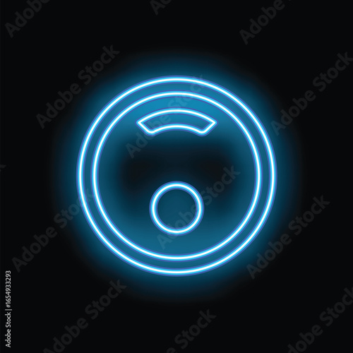Glowing blue neon sign of a robot vacuum cleaner cleaning on a black background