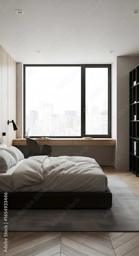 Fototapeta premium Modern minimalist bedroom design with city view large window stylish interior home decor inspiration