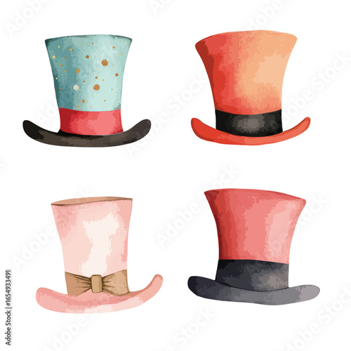 Watercolor Top Hats Collection Teal Coral Pink and Red Cylinder Hats
