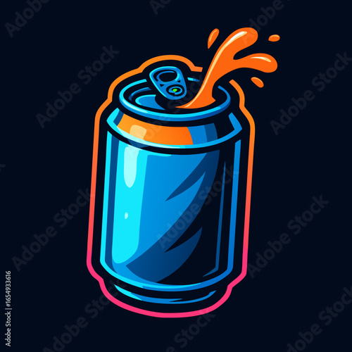 Vibrant Soda Pop Can Illustration Refreshing Drink with Colorful Splash on Dark Background