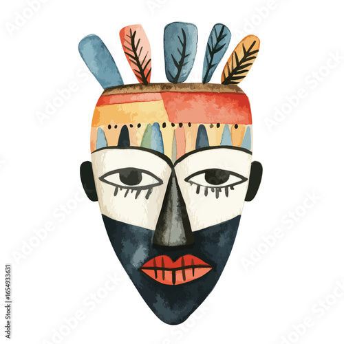 Watercolor Tribal Mask with Stylized Feathers and Geometric Patterns