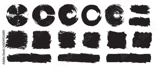 Brush frame rough rectangle box shape set. Textured brush stroke element pack. Hand drawn texture grunge brush rectangle, circle round text border. Vector illustration.