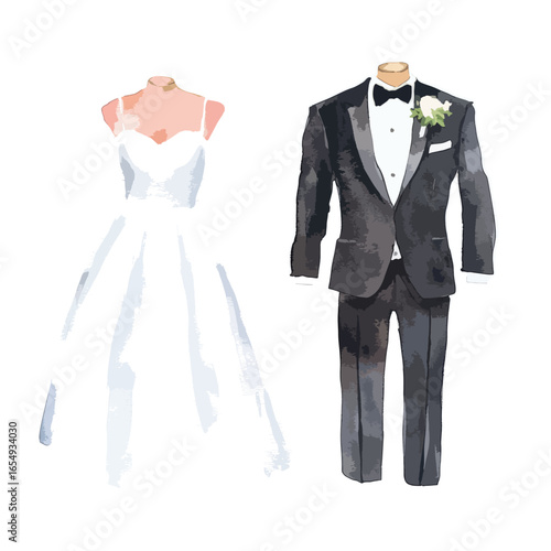 Watercolor Wedding Attire Elegant Brides Gown and Grooms Tuxedo