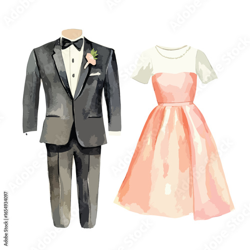 Watercolor Wedding Attire Elegant Tuxedo and PeachHued Bridesmaid Dress