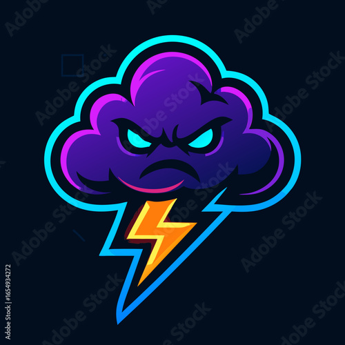 Dynamic angry storm cloud mascot illustration with a vibrant lightning bolt, perfect for gaming logos, esports, and digital emblems representing power and intensity.