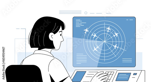 Woman Analyzing Air Traffic Data on Radar Display Screen