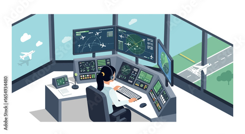 Woman Air Traffic Controller Manages Flights in Modern Control Tower