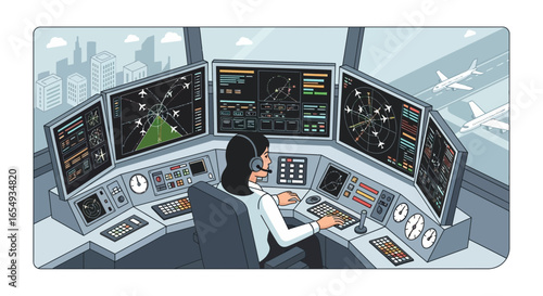 Woman Managing Air Traffic Control in Tower Cartoon Style Illustration