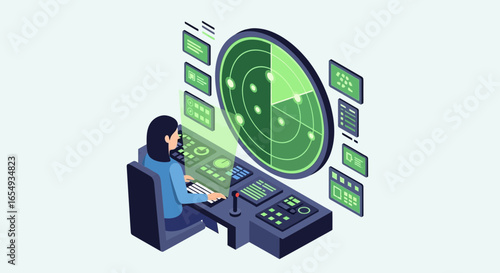 Woman Monitoring Radar Screen For Navigation Control Isometric Style