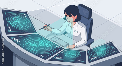Woman Monitors Futuristic Radar Screens in Control Room Cartoon Style