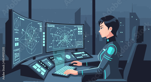Woman Operates Futuristic Control Panel in Darkened Room