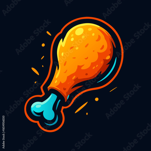 Dynamic cartoon illustration of a crispy fried chicken drumstick, bursting with flavor and vibrant energy, ideal for diverse culinary projects and fast-food branding initiatives.