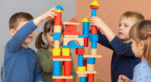 Group of young children building a colorful tower with wooden blocks.