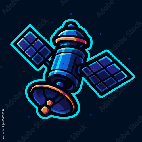 Vibrant digital illustration showcasing a futuristic communication satellite orbiting in the vast expanse of outer space, symbolizing global connectivity and advanced technological progress.