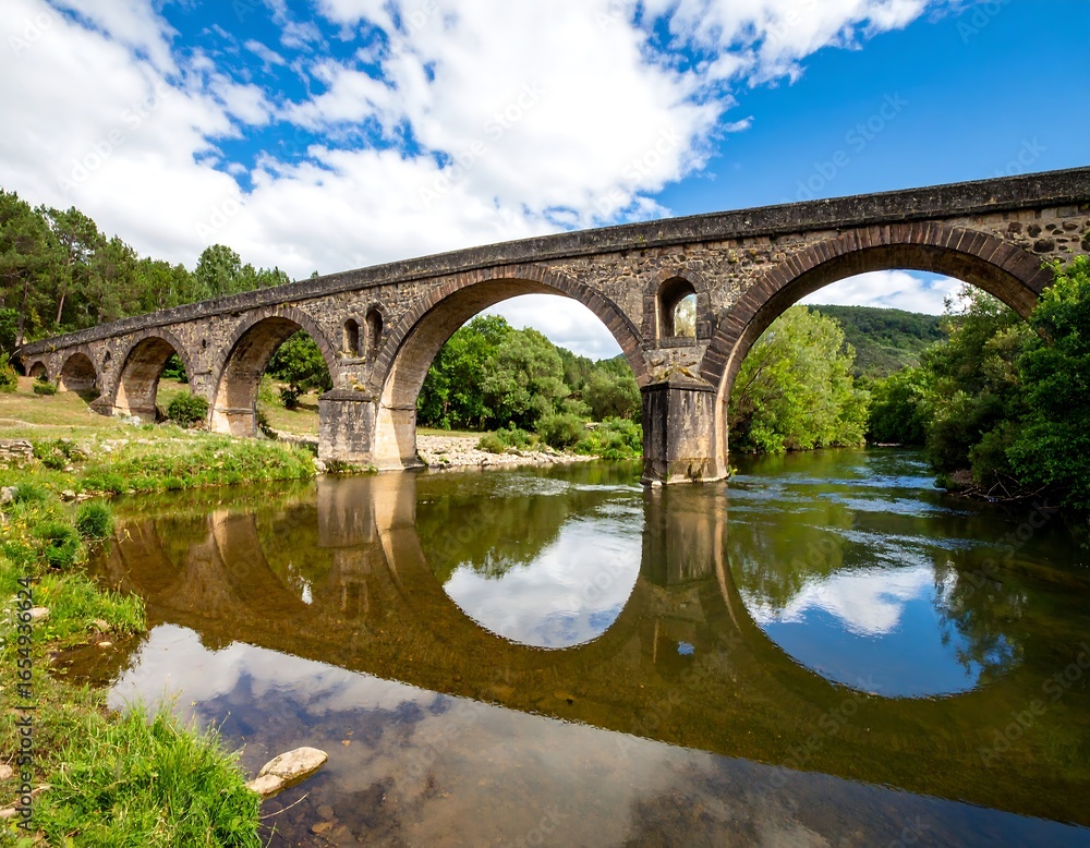 Fototapeta premium Stone arch bridge over a tranquil river