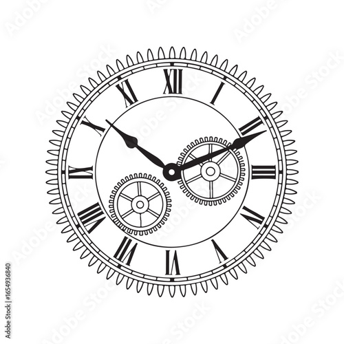 Vintage steampunk clock face with gears and roman numerals isolated on white background