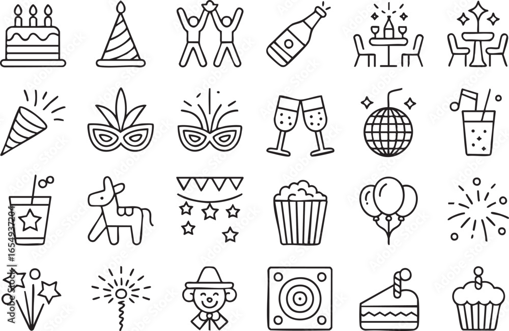 Fototapeta premium A collection of black and white line art party and celebration icons on a transparent background