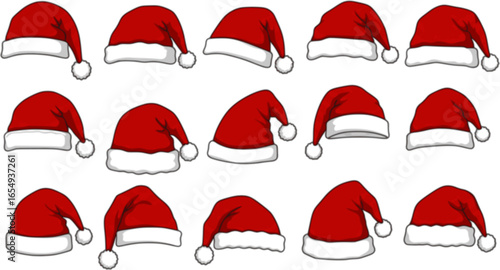 Santa Claus hat collection, Santa red hats with white fur, Winter cap, Christmas element, Vector illustration
