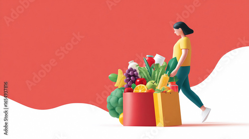 Stylized illustration of a woman carrying shopping bags filled with fresh groceries against a modern red background. Represents healthy lifestyle, shopping, and wellbeing.