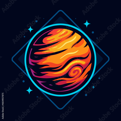 Abstract illustration of a vibrant celestial body featuring fiery colors and swirling patterns, enclosed in a geometric diamond frame.