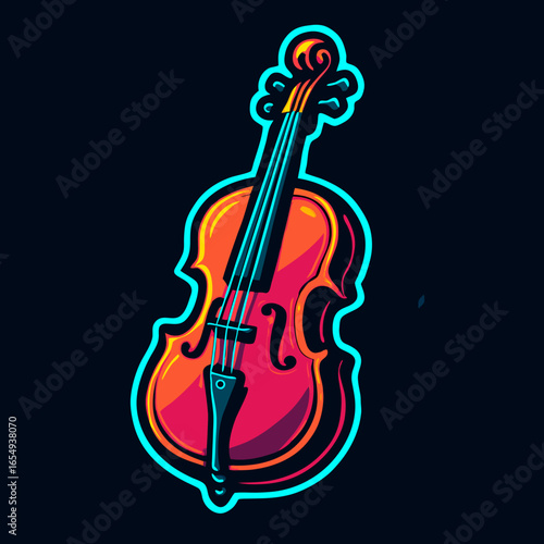 Vibrant, stylized illustration of a cello on a dark background, showcasing its classic curves and warm, glowing finish