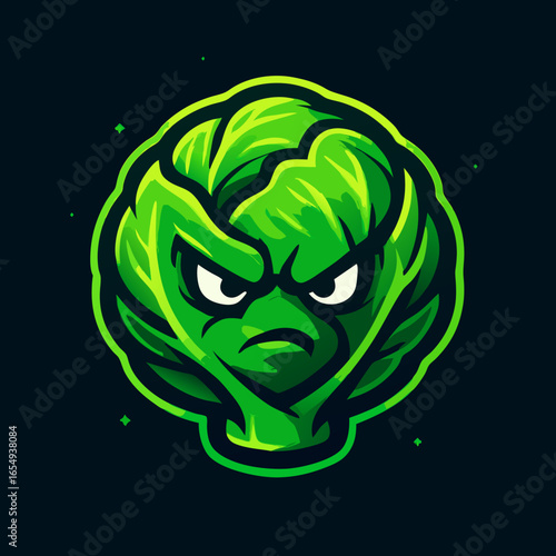 Angry brussels sprout character illustration, ideal for esports logos or gaming mascots, a fierce vegetable icon with dynamic style.