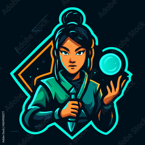 Esports mascot logo of a female assassin with a magic orb and dagger. Fantasy character illustration for a gaming team or clan.