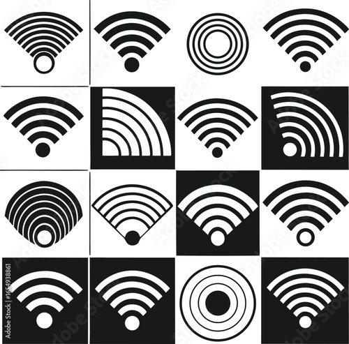 Collection of stylized wi fi signal icons in black and white