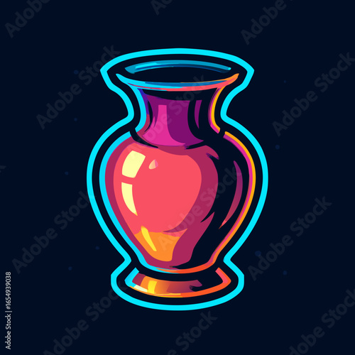 Eye-Catching Pop Art Style Earthenware Vessel with Bright Luminous Edges on a Dark Backdrop, a Modern Digital Illustration for Creative Projects and Artistic Visuals.