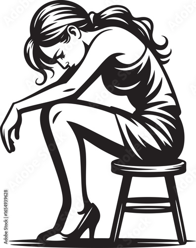 Sad Woman Sitting on Stool Vector Illustration with Depressed Mood