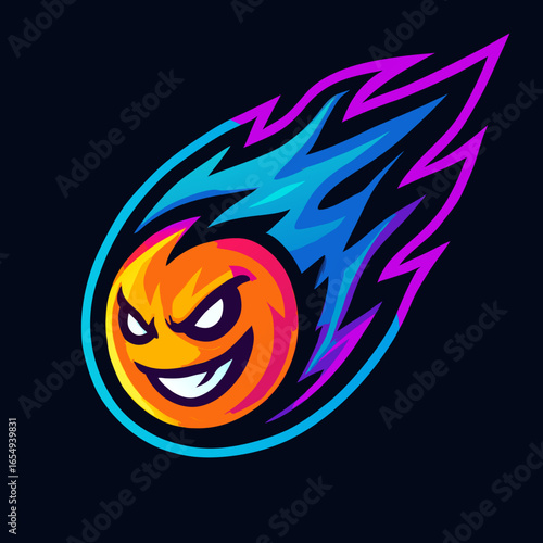 Dynamic angry comet character with vibrant neon flames. Vector mascot logo illustration ideal for gaming,streaming, or sports team branding.