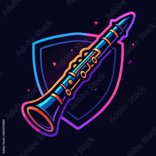 Vector illustration of a clarinet in vibrant colors with a shield background, perfect for musical projects and designs