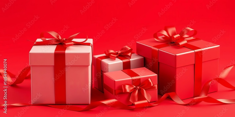 Obraz premium Elegant red gift boxes with red ribbons on red background, still life, marketing