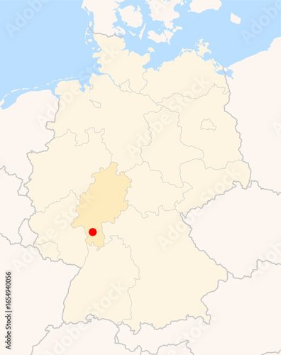 Locatormap of the city Darmstadt (Hessen) in Germany. The city is marked with a red dot and the Bundesland is also highlighted. No labels at all.