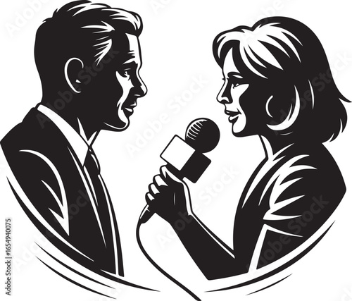 News Interview with Reporter and Interviewee Vector Illustration in Black