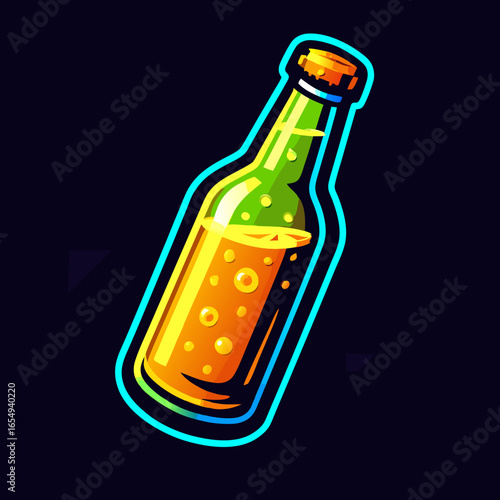 Cartoon Style Beer Bottle with Glowing Outline Illustration for Menu or Promotional Materials