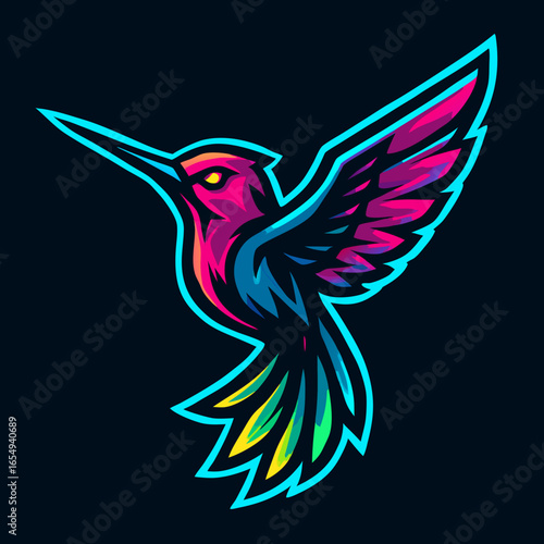 Vibrant neon hummingbird mascot logo illustration in a modern esport gaming style. A colorful, glowing colibri bird graphic with bright outlines on a dark background.