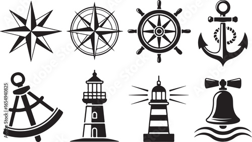Nautical Elements Collection Vector Set with Compass, Anchor, Lighthouse Icons