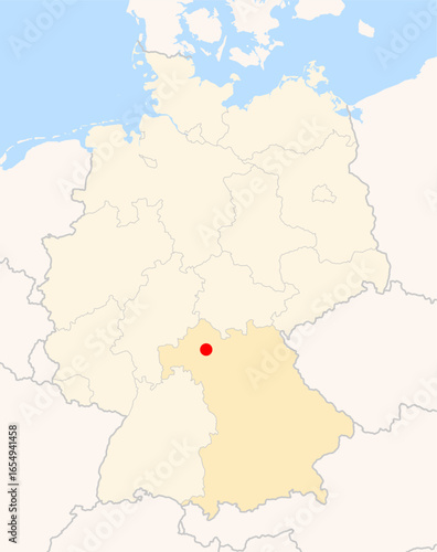 Locatormap of the city Schweinfurt (Bayern) in Germany. The city is marked with a red dot and the Bundesland is also highlighted. No labels at all.