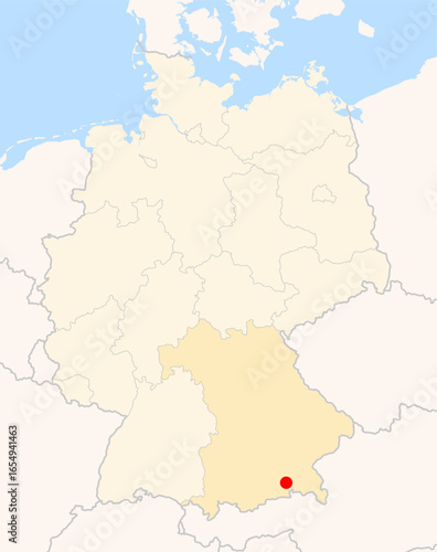 Locatormap of the city Rosenheim (Bayern) in Germany. The city is marked with a red dot and the Bundesland is also highlighted. No labels at all.