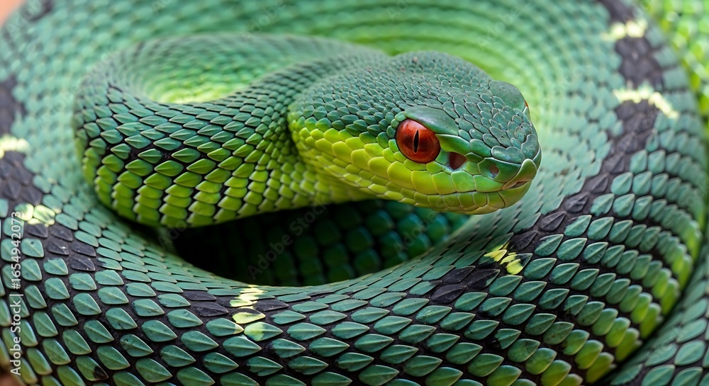 Obraz premium Vivid Emerald Serpent Coiled and Alert A Stunning Portrait of a Green Pit Viper with Captivating Red Eyes