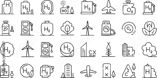 A set of black and white line art hydrogen energy icons