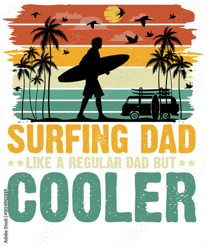 A silhouette of a surfer with a board walking towards the ocean with a van and palm trees at sunset