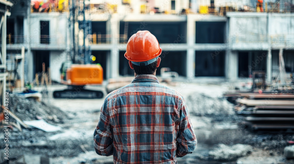 Fototapeta premium A construction worker wearing a hard hat stands in front of a construction site.