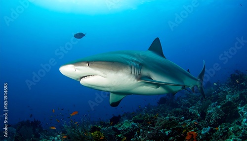 A gray reef shark swims majestically through a vibrant underwater coral reef environment.