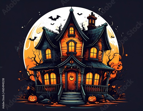 Spooky haunted house under a full moon