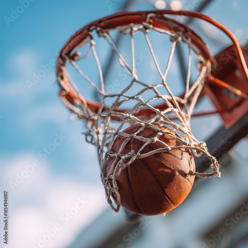 Eye-catching photo of basketball scoring a basket as it goes through the hoop and making a swish in the net.