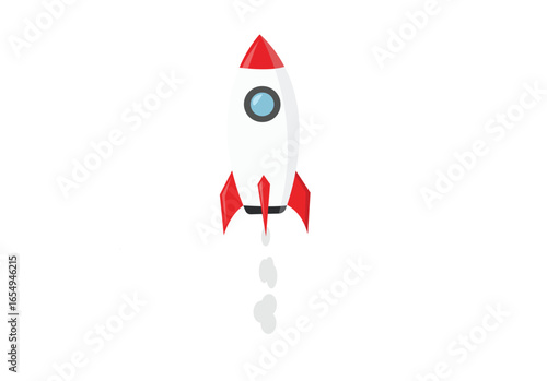Flat Vector Illustration of Cartoon Rocket Ship Launching with Smoke Trail, Red and White Spaceship Icon for Startup, Business Growth, Space Travel, Innovation and Technology Concept